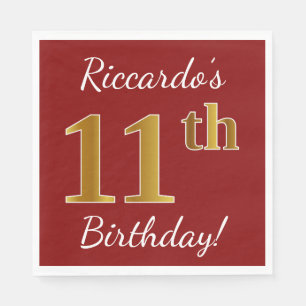 Servilleta De Papel Red, Faux Gold 11th Birthday + Nombre personalizad