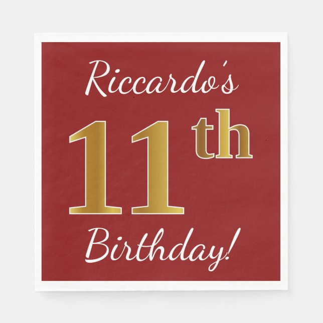 Servilleta De Papel Red, Faux Gold 11th Birthday + Nombre personalizad (Anverso)