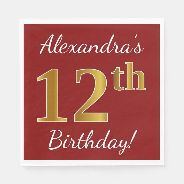 Servilleta De Papel Red, Faux Gold 12th Birthday + Nombre personalizad (Anverso)