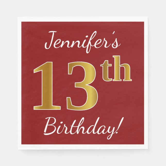 Servilleta De Papel Red, Faux Gold 13th Birthday + Nombre personalizad (Anverso)