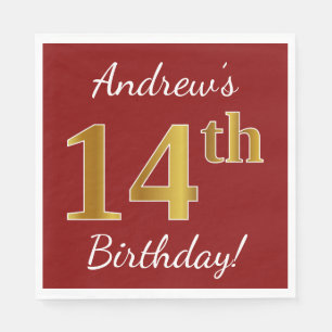 Servilleta De Papel Red, Faux Gold 14th Birthday + Nombre personalizad