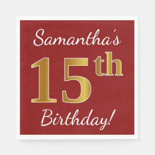 Servilleta De Papel Red, Faux Gold 15th Birthday + Nombre personalizad