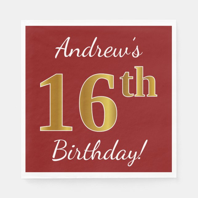 Servilleta De Papel Red, Faux Gold 16th Birthday + Nombre personalizad (Anverso)