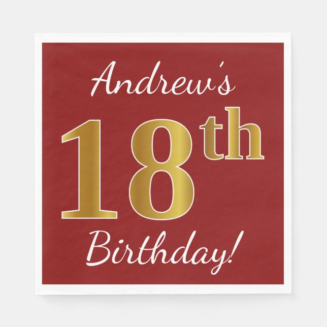 Servilleta De Papel Red, Faux Gold 18th Birthday + Nombre personalizad (Anverso)