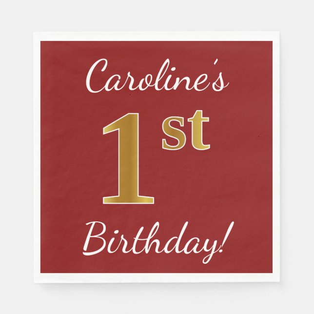 Servilleta De Papel Red, Faux Gold 1er cumpleaños + Nombre personaliza (Anverso)