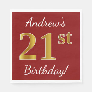 Servilleta De Papel Red, Faux Gold 21st Birthday + Nombre personalizad