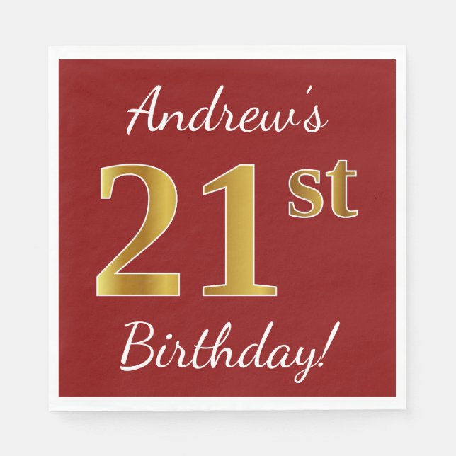 Servilleta De Papel Red, Faux Gold 21st Birthday + Nombre personalizad (Anverso)