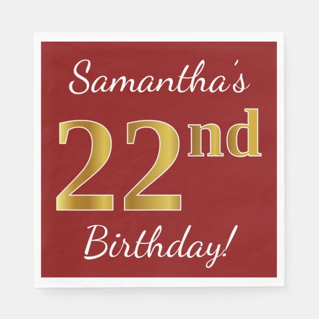 Servilleta De Papel Red, Faux Gold 22nd Birthday + Nombre personalizad (Anverso)