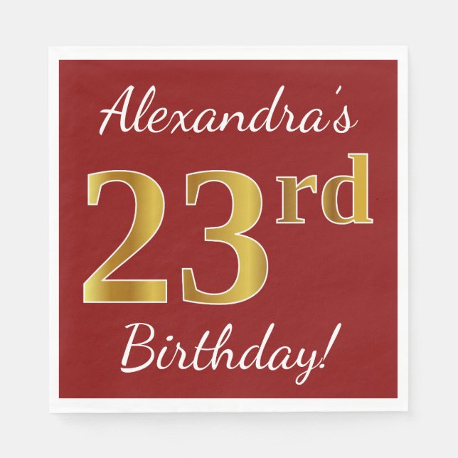 Servilleta De Papel Red, Faux Gold 23rd Birthday + Custom Name (Anverso)