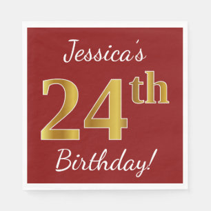 Servilleta De Papel Red, Faux Gold 24th Birthday + Nombre personalizad