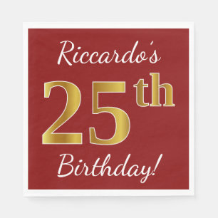 Servilleta De Papel Red, Faux Gold 25th Birthday + Nombre personalizad
