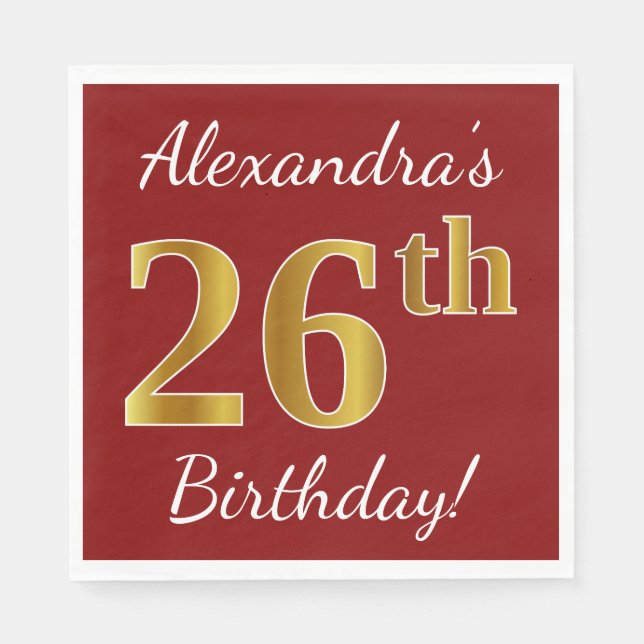 Servilleta De Papel Red, Faux Gold 26th Birthday + Custom Name (Anverso)