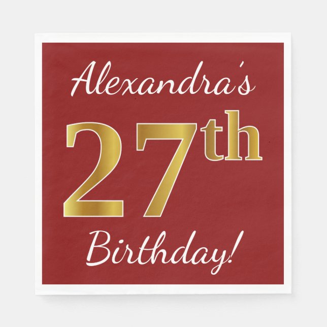 Servilleta De Papel Red, Faux Gold 27th Birthday + Nombre personalizad (Anverso)