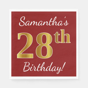 Servilleta De Papel Red, Faux Gold 28th Birthday + Nombre personalizad