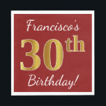 Servilleta De Papel Red, Faux Gold 30th Birthday   Nombre personalizad<br><div class="desc">Este sencillo diseño de servilleta de papel muestra un mensaje como "¡30 cumpleaños de Francisco!", con el "30" en apariencia falsa de oro, sobre un fondo rojo de color. El nombre se puede personalizar. Se podría usar en una fiesta de cumpleaños para alguien que esté celebrando su trigésimo cumpleaños. [~Z0000080]...</div>