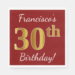 Servilleta De Papel Red, Faux Gold 30th Birthday + Nombre personalizad