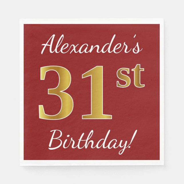 Servilleta De Papel Red, Faux Gold 31st Birthday + Nombre personalizad (Anverso)