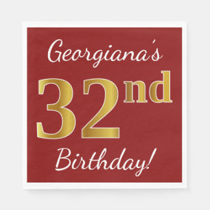 Servilleta De Papel Red, Faux Gold 32nd Birthday + Nombre personalizad