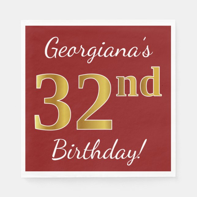 Servilleta De Papel Red, Faux Gold 32nd Birthday + Nombre personalizad (Anverso)