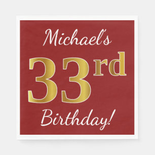 Servilleta De Papel Red, Faux Gold 33rd Birthday + Custom Name