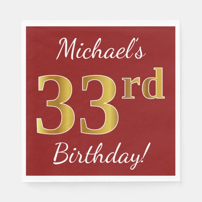 Servilleta De Papel Red, Faux Gold 33rd Birthday + Custom Name (Anverso)