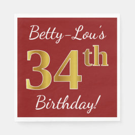 Servilleta De Papel Red, Faux Gold 34th Birthday + Nombre personalizad