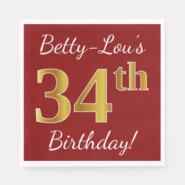 Servilleta De Papel Red, Faux Gold 34th Birthday + Nombre personalizad (Anverso)