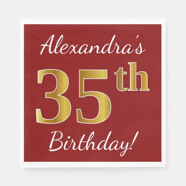 Servilleta De Papel Red, Faux Gold 35th Birthday + Nombre personalizad (Anverso)