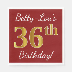 Servilleta De Papel Red, Faux Gold 36th Birthday + Custom Name