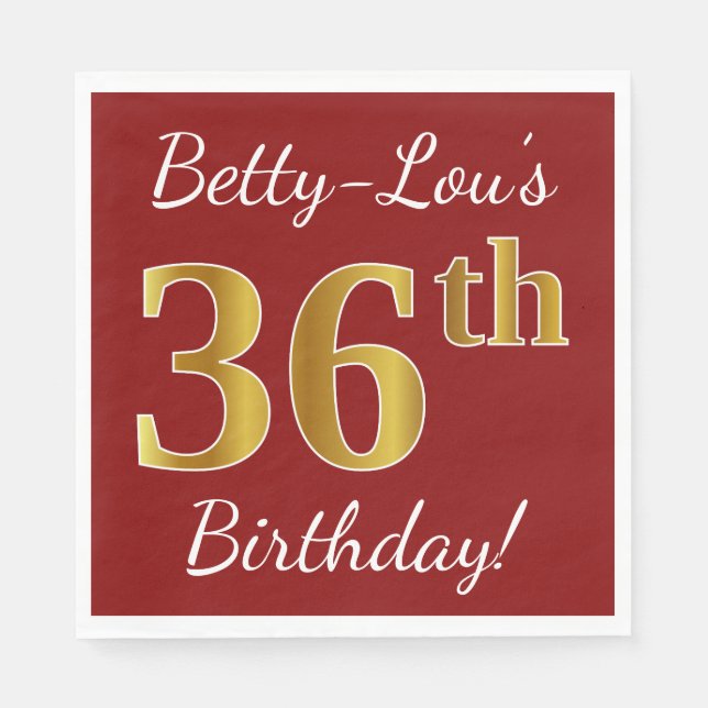 Servilleta De Papel Red, Faux Gold 36th Birthday + Custom Name (Anverso)