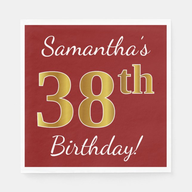 Servilleta De Papel Red, Faux Gold 38th Birthday + Nombre personalizad (Anverso)