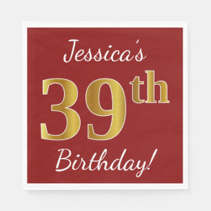 Servilleta De Papel Red, Faux Gold 39th Birthday + Custom Name