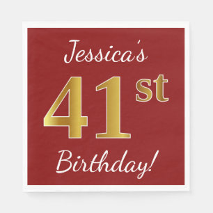 Servilleta De Papel Red, Faux Gold 41st Birthday + Nombre personalizad