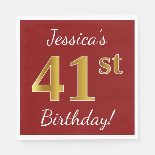 Servilleta De Papel Red, Faux Gold 41st Birthday + Nombre personalizad (Anverso)