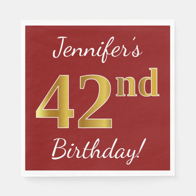 Servilleta De Papel Red, Faux Gold 42nd Birthday + Nombre personalizad (Anverso)