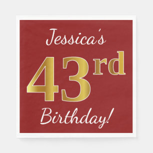 Servilleta De Papel Red, Faux Gold 43rd Birthday + Custom Name