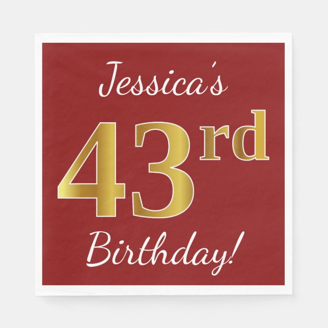 Servilleta De Papel Red, Faux Gold 43rd Birthday + Custom Name (Anverso)