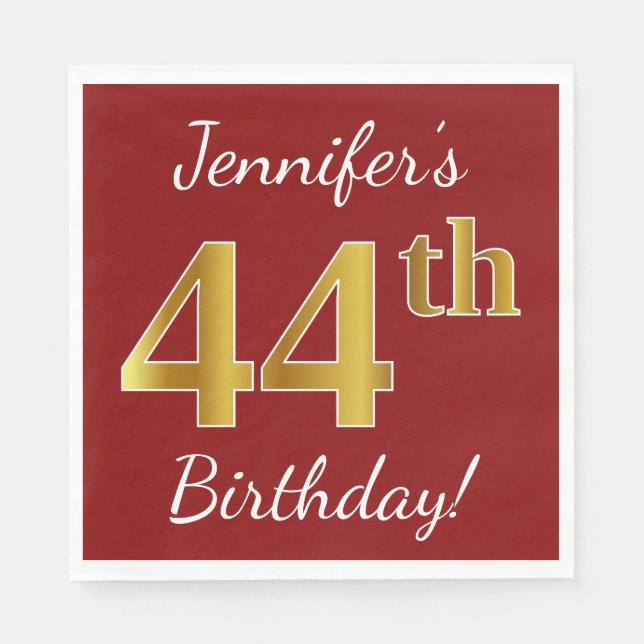 Servilleta De Papel Red, Faux Gold 44th Birthday + Nombre personalizad (Anverso)
