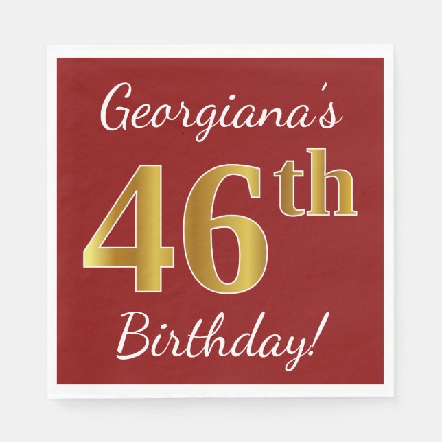 Servilleta De Papel Red, Faux Gold 46th Birthday + Custom Name (Anverso)