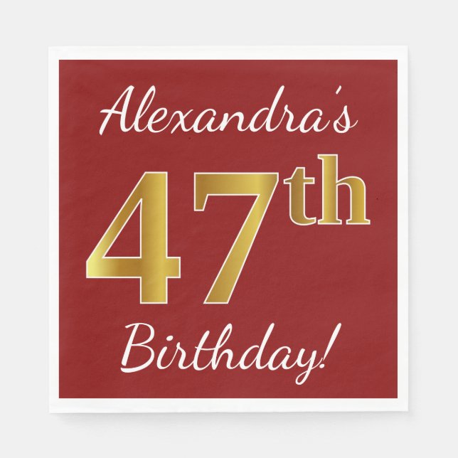 Servilleta De Papel Red, Faux Gold 47th Birthday + Custom Name (Anverso)