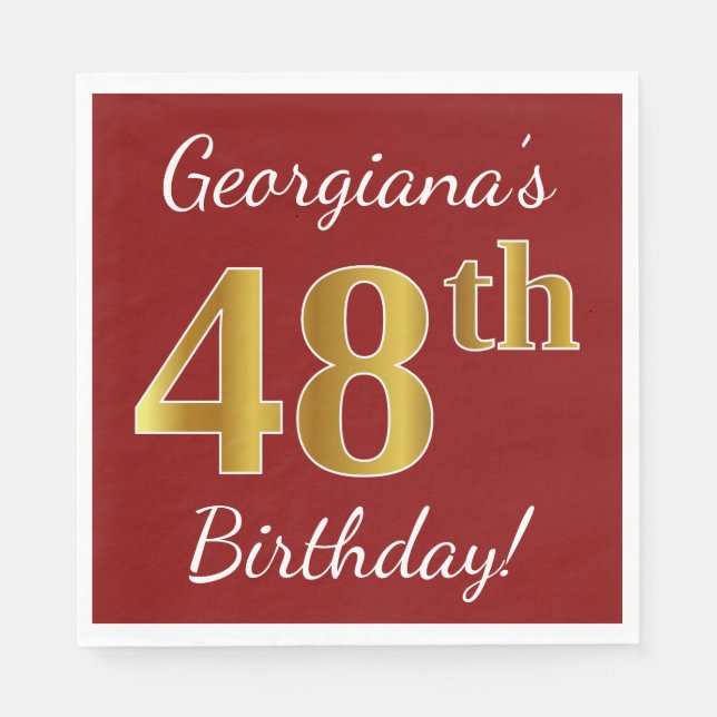 Servilleta De Papel Red, Faux Gold 48th Birthday + Custom Name (Anverso)