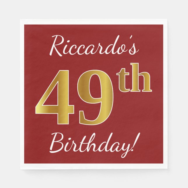 Servilleta De Papel Red, Faux Gold 49th Birthday + Custom Name (Anverso)