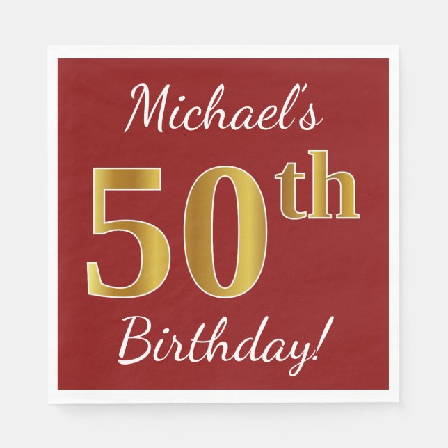 Servilleta De Papel Red, Faux Gold 50th Birthday + Nombre personalizad (Anverso)