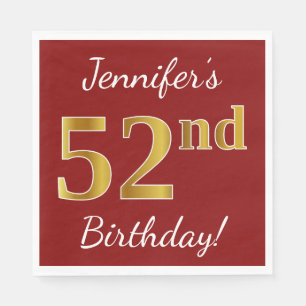 Servilleta De Papel Red, Faux Gold 52nd Birthday + Nombre personalizad