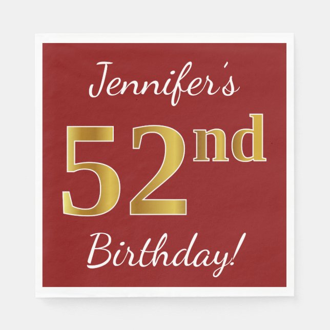 Servilleta De Papel Red, Faux Gold 52nd Birthday + Nombre personalizad (Anverso)