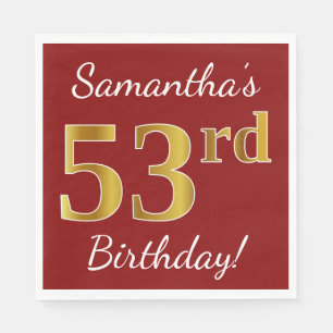 Servilleta De Papel Red, Faux Gold 53rd Birthday + Custom Name