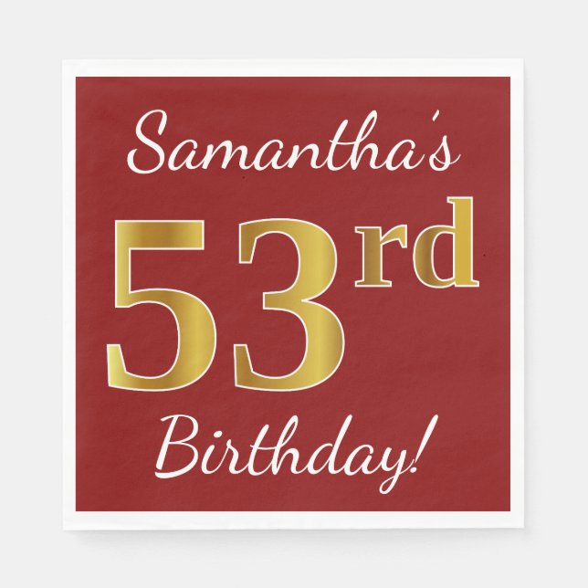 Servilleta De Papel Red, Faux Gold 53rd Birthday + Custom Name (Anverso)