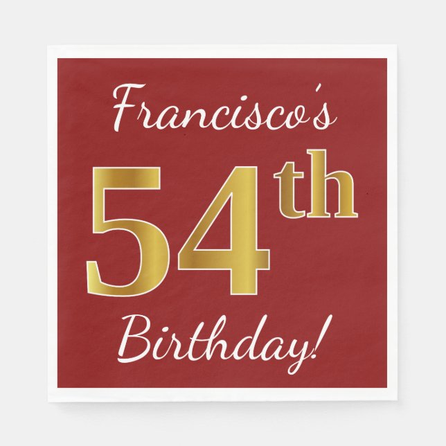 Servilleta De Papel Red, Faux Gold 54th Birthday + Nombre personalizad (Anverso)