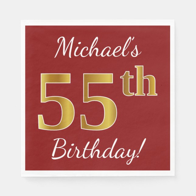 Servilleta De Papel Red, Faux Gold 55th Birthday + Nombre personalizad (Anverso)