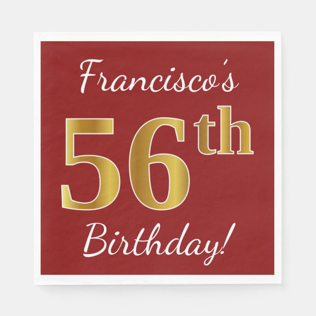 Servilleta De Papel Red, Faux Gold 56th Birthday + Custom Name (Anverso)